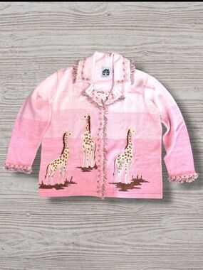 Storybook Knits Giraffe Cardigan Sweater Pink Ramie Cotton Zoo Women's 1X HSN